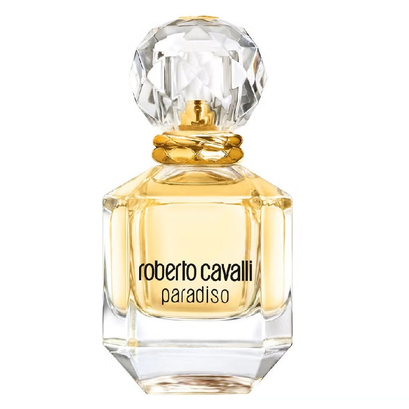 Roberto Cavalli Paradiso perfume bottle with a clear cap on a white background