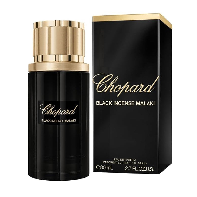 Chopard Black Incense Malaki perfume bottle and packaging on a white background