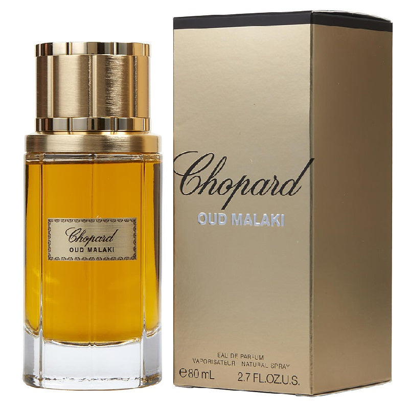 Chopard Oud Malaki perfume bottle and packaging on a white background