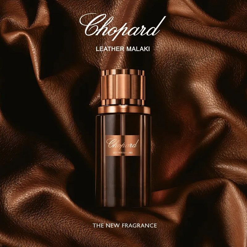 Chopard Leather Malaki perfume bottle on brown fabric
