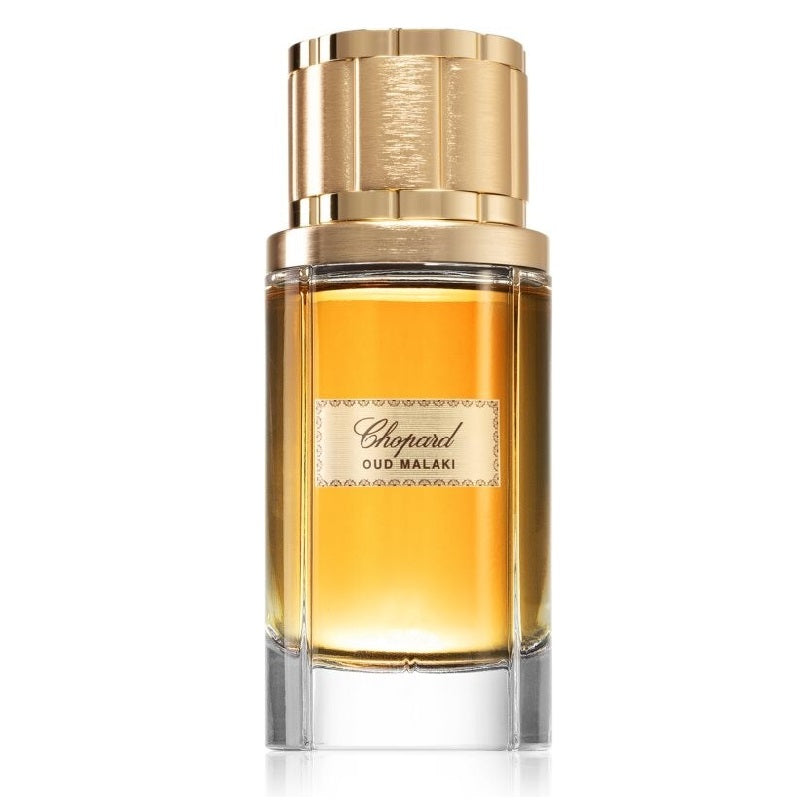 Chopard Oud Malaki perfume bottle with gold cap on a white background