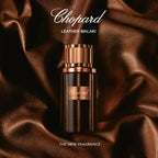 Chopard Leather Malaki perfume bottle on brown fabric