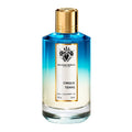 A glass bottle of Cinque Terre Eau de Parfum by Mancera with a blue label and a gold cap.