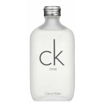 A bottle of Ck One Eau de Toilette by Calvin Klein with a white label and the Calvin Klein logo.