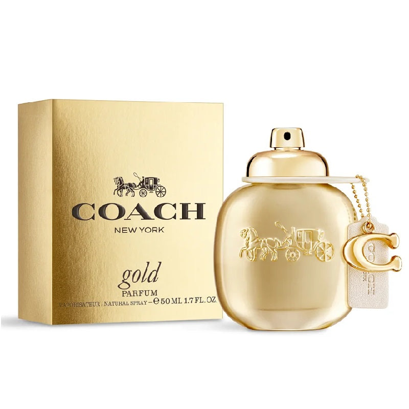 Coach Gold perfume bottle and packaging on a white background