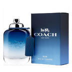 Blue perfume bottle with packaging on a white background
