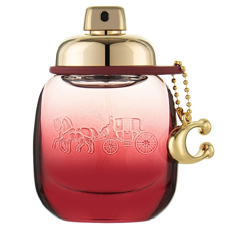 Coach Wild Rose Eau de Parfum bottle with red gradient and gold details, featuring the Coach horse and carriage design.