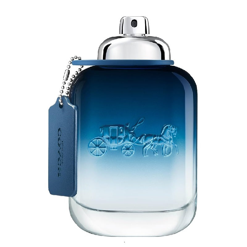 A bottle of Coach Man Blue Eau De Toilette with a blue to clear gradient and a silver cap, featuring the Coach brand emblem on the front.