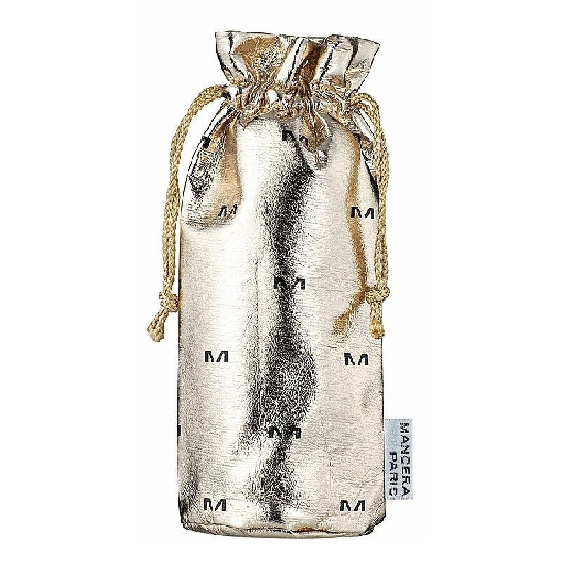 Silver drawstring pouch with Mancera Paris branding on a white background