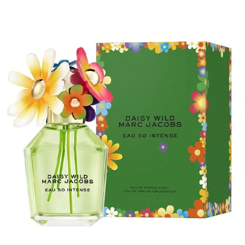 Marc Jacobs Daisy Wild perfume bottle and packaging with colorful flowers on a white background