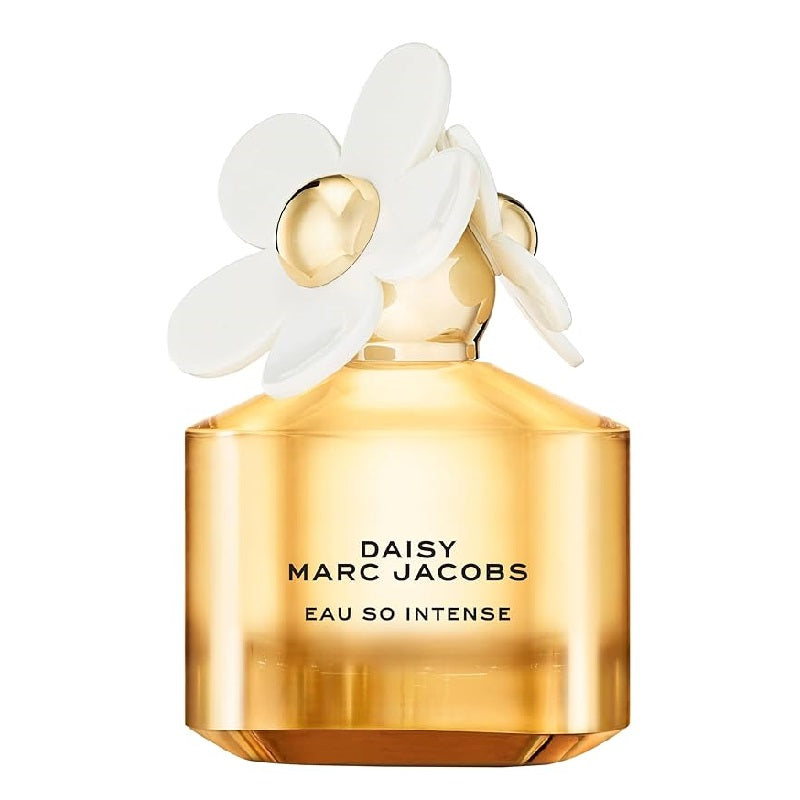 Gold perfume bottle with white flower on a white background