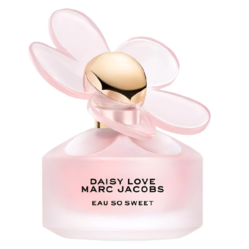 A bottle of Daisy Love Eau So Sweet Eau de Toilette by Marc Jacobs with a pink hue and a floral design on the cap.
