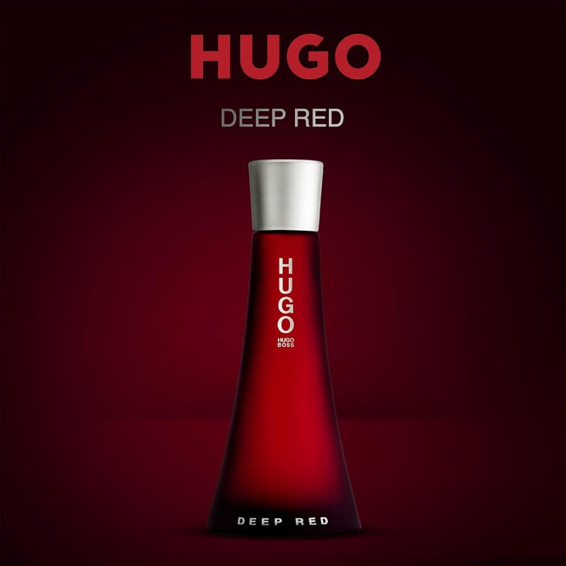 Red Hugo Boss perfume bottle on a dark red background