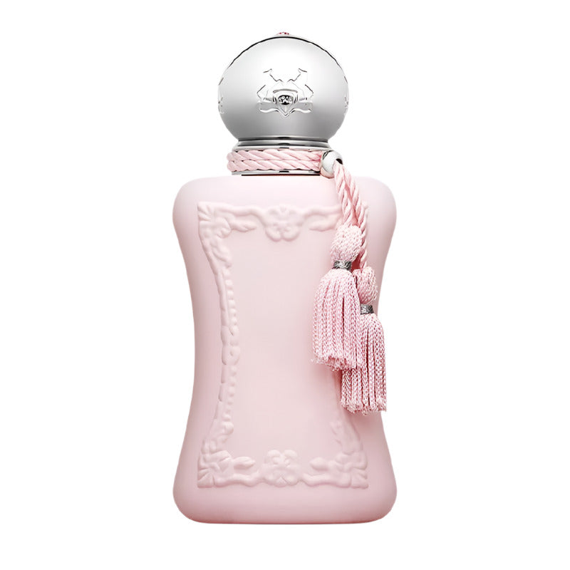 Pink perfume bottle with decorative elements on a white background