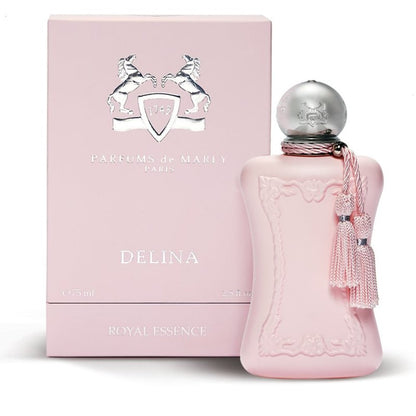 A pink bottle of Delina Eau De Parfum by Parfums De Marly, with a decorative box and a silver cap.