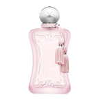 A pink, frosted glass bottle of Delina La Rosé (75ml) Eau De Parfum by Parfums De Marly with a silver cap and a pink tassel.