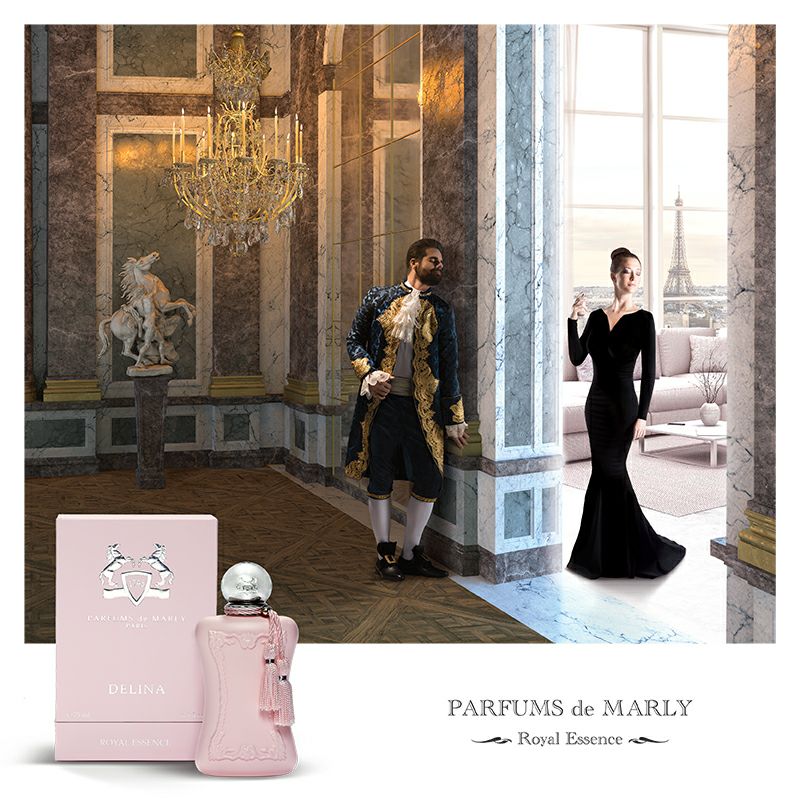 Lifestyle Image: Delina Exclusif 75 ml Eau de Parfum by Parfums de Marly – captured in a romantic, opulent setting evoking sensuality, confidence, and Parisian allure.
