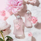 Lifestyle Image of Delina La Rosée 75 ml Eau de Parfum by Parfums de Marly – captured in a luminous, floral setting evoking freshness, romance, and effortless sophistication.