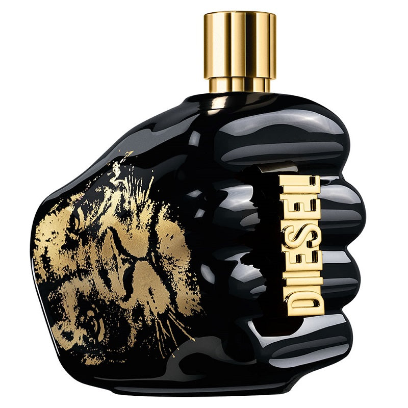 A black bottle of Spirit Of The Brave Eau de Toilette by Diesel, featuring gold accents and text on the front.