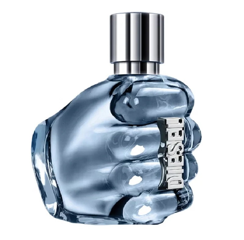 Blue perfume bottle shaped like a hand with 'Dior' branding on a white background