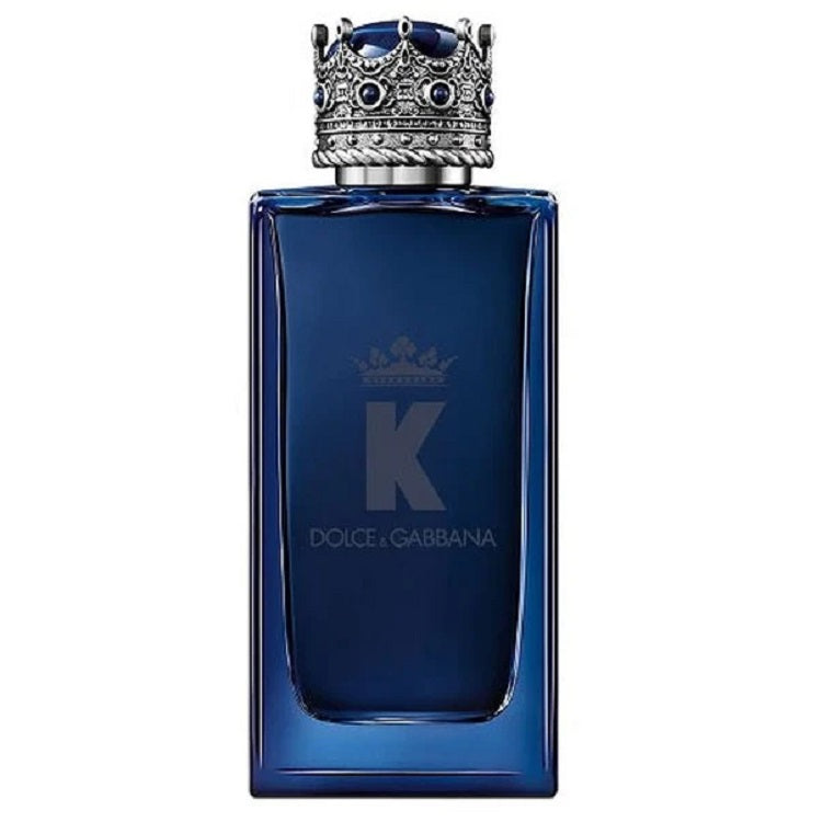 Blue Dolce & Gabbana perfume bottle with decorative cap on a white background