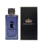 A bottle of Dolce K-King Eau de Parfum by Dolce Gabbana, with a black and blue color scheme, alongside its packaging box.