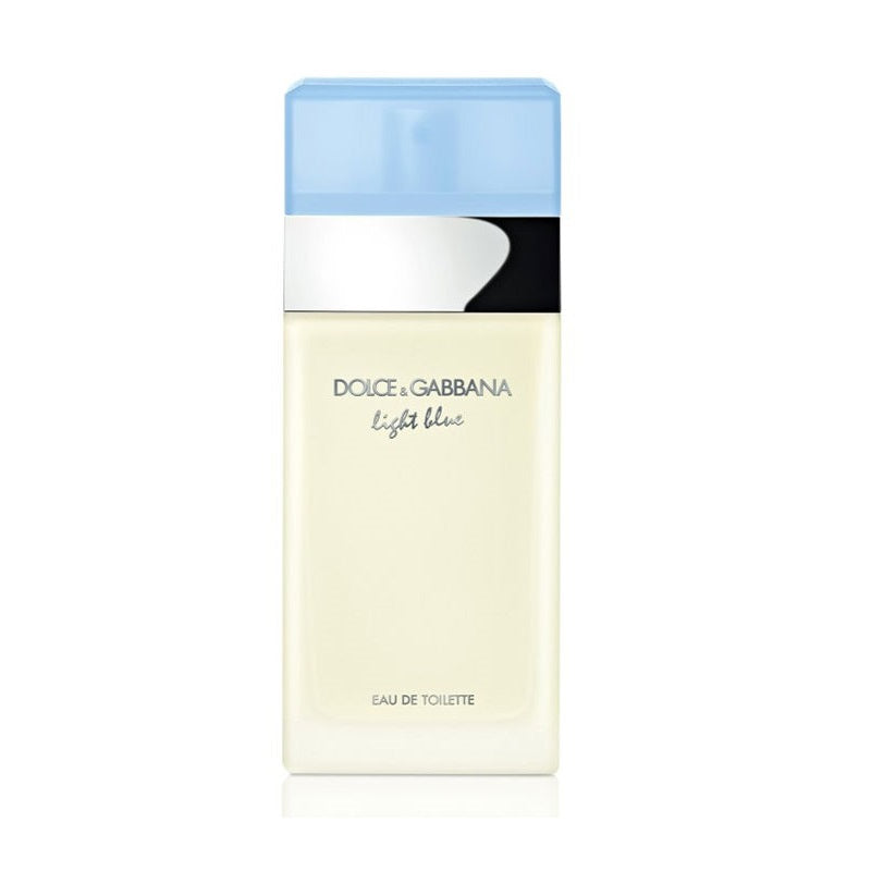 A bottle of Dolce & Gabbana Light Blue Eau de Toilette for Woman with a white and blue cap on a plain background.