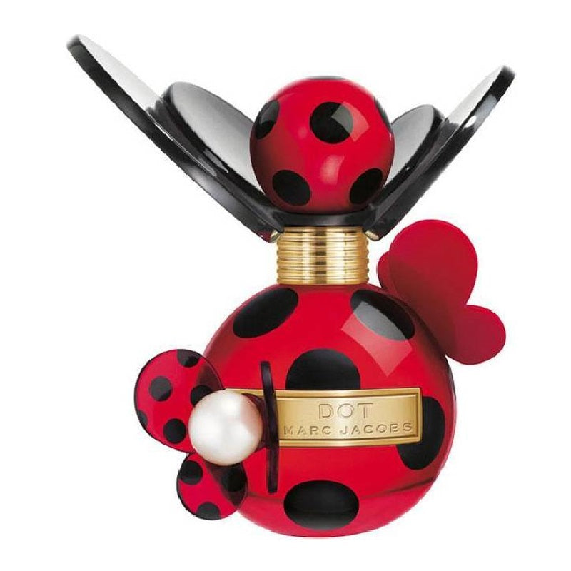 A bottle of Marc Jacobs Dot Eau de Parfum with a red and black design, featuring a ladybug motif and decorative gold elements.
