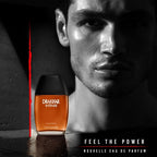 Drakkar Intense perfume bottle with a man's face in black and white, text 'Feel the Power' and 'Nouvelle Eau de Parfum'.