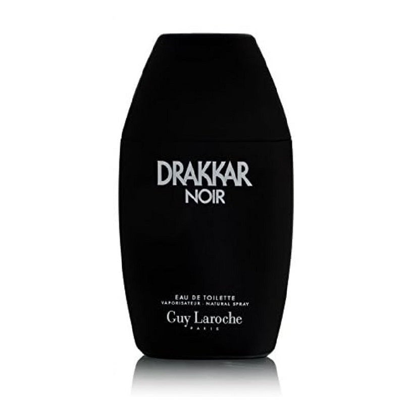 Black Drakkar Noir perfume bottle by Guy Laroche on a white background