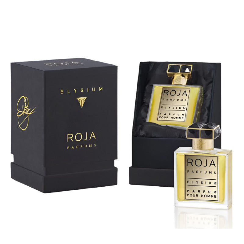 Roja Parfums Elysium perfume bottle and packaging on a white background