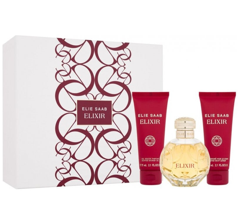 A gift set of Elie Saab Elixir, including a 100ml bottle of eau de parfum, 75ml shower gel, and 75ml body lotion, all with the brand's packaging in red and gold colors.