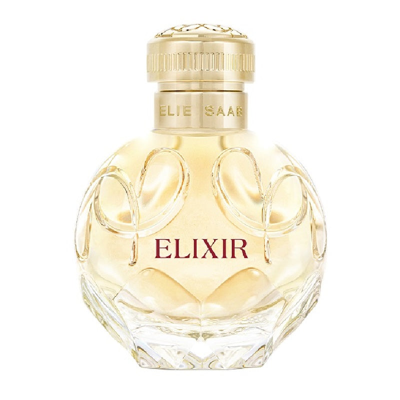 Perfume bottle labeled 'Elixir' with a gold cap on a white background