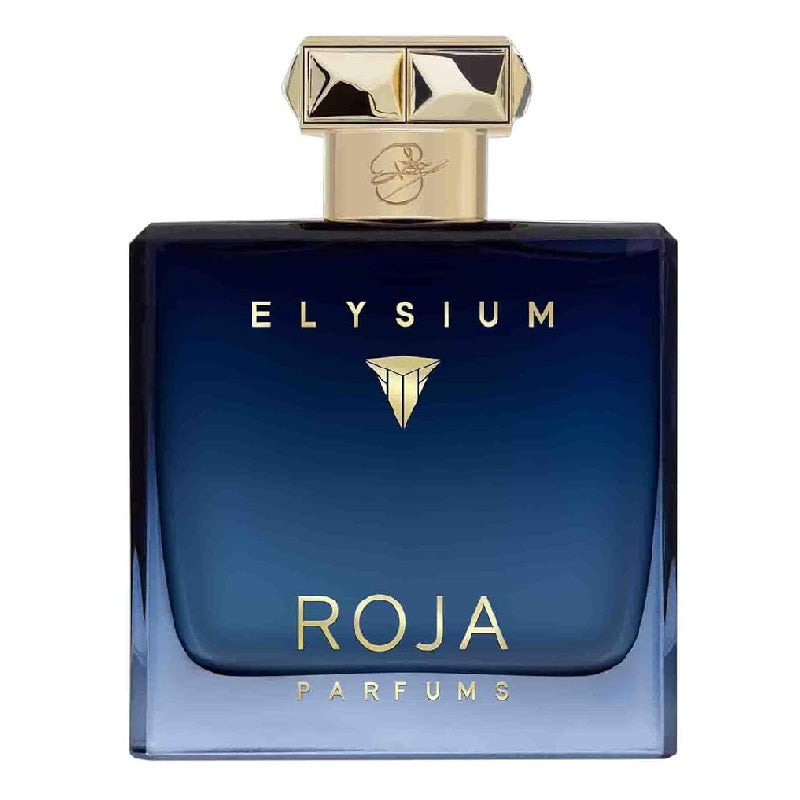 Roja Parfums Elysium perfume bottle with blue gradient and gold accents on a white background