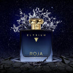 Roja Parfums Elysium perfume bottle with water splash on a dark background