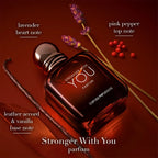 Emilio Pucci 'Stronger With You' perfume bottle with lavender and pink pepper elements on a red background