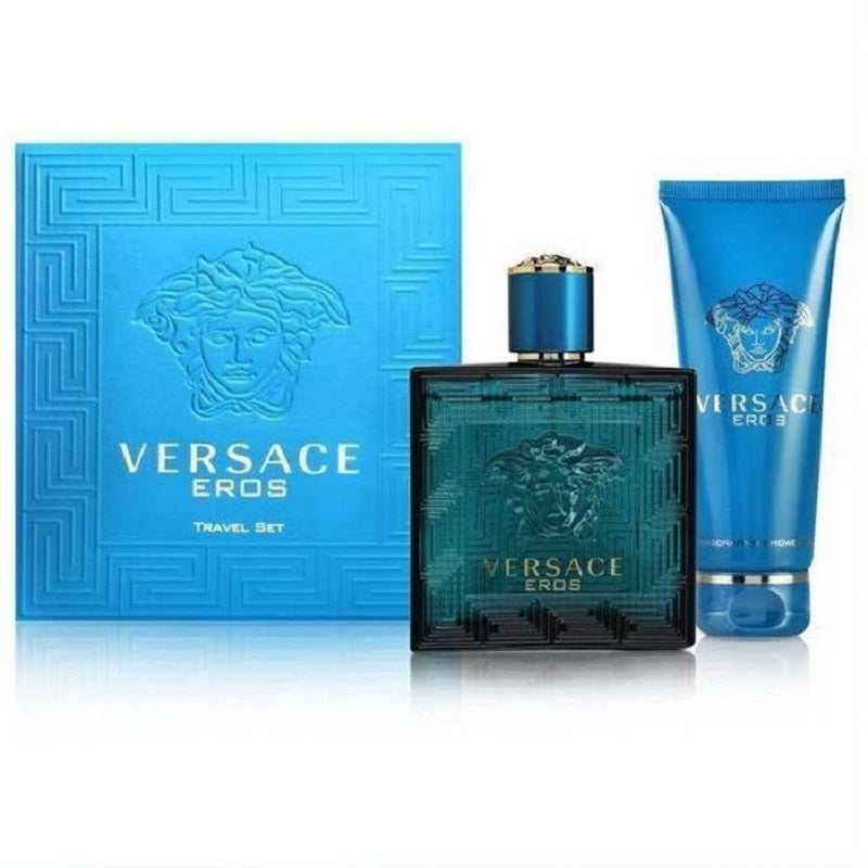 Versace Eros travel set with blue packaging and black perfume bottle on a white background