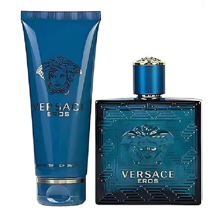 A set of Versace Eros cologne and matching body lotion, both in blue bottles with the Versace logo displayed prominently.