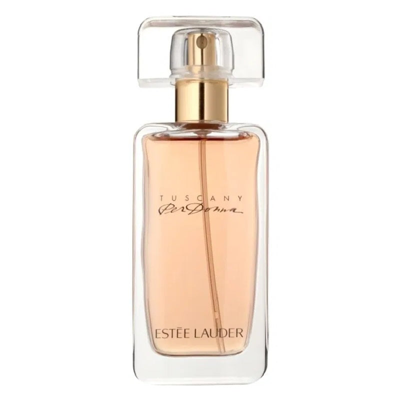Estee Lauder Tuscany Per Donna Eau de Parfum bottle with a clear cap and a pink-to-clear gradient design, containing 50ml of fragrance.