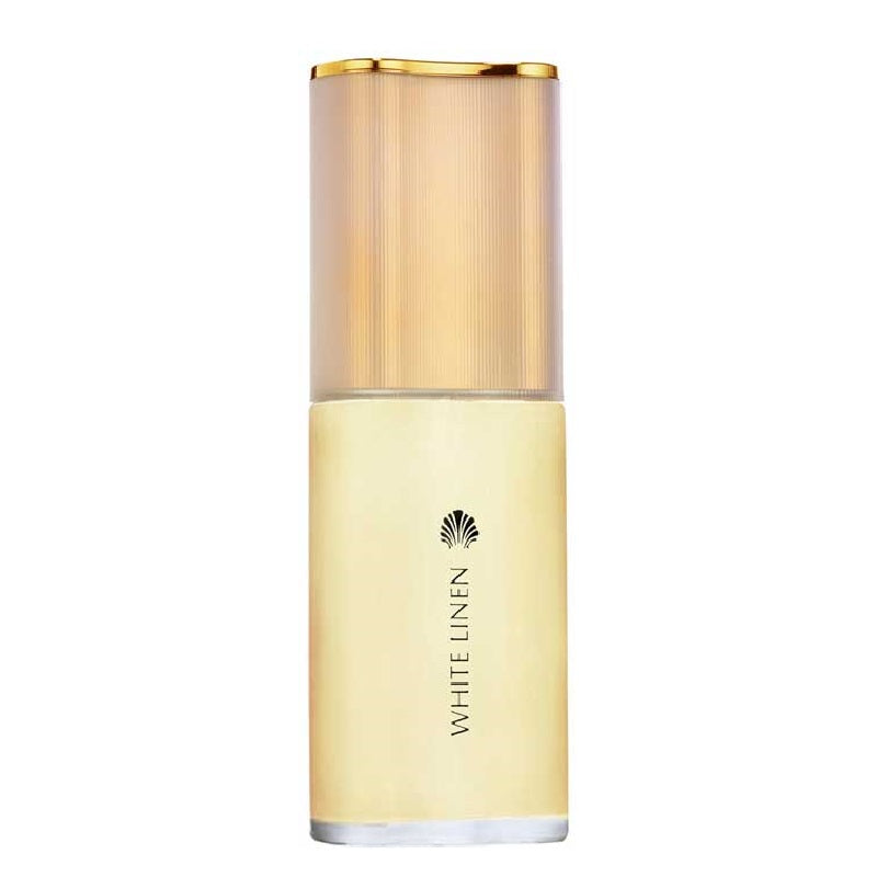 A bottle of White Linen (60ml) Eau de Parfum by Estee Lauder with a gold and white color scheme.