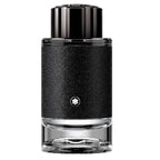 A black Mont Blanc Explorer Men's eau de parfum spray bottle with a textured surface and a clear base.