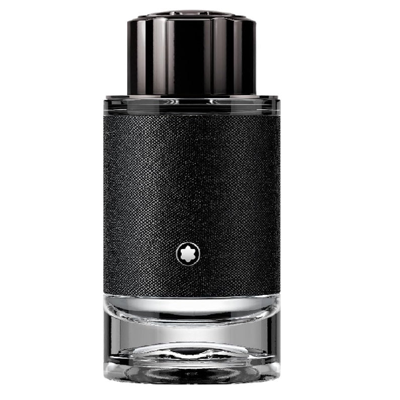 A black Mont Blanc Explorer Men's eau de parfum spray bottle with a textured surface and a clear base.