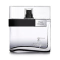 A bottle of F by Ferragamo Black eau de toilette with a clear, predominantly black design and a white spray nozzle.