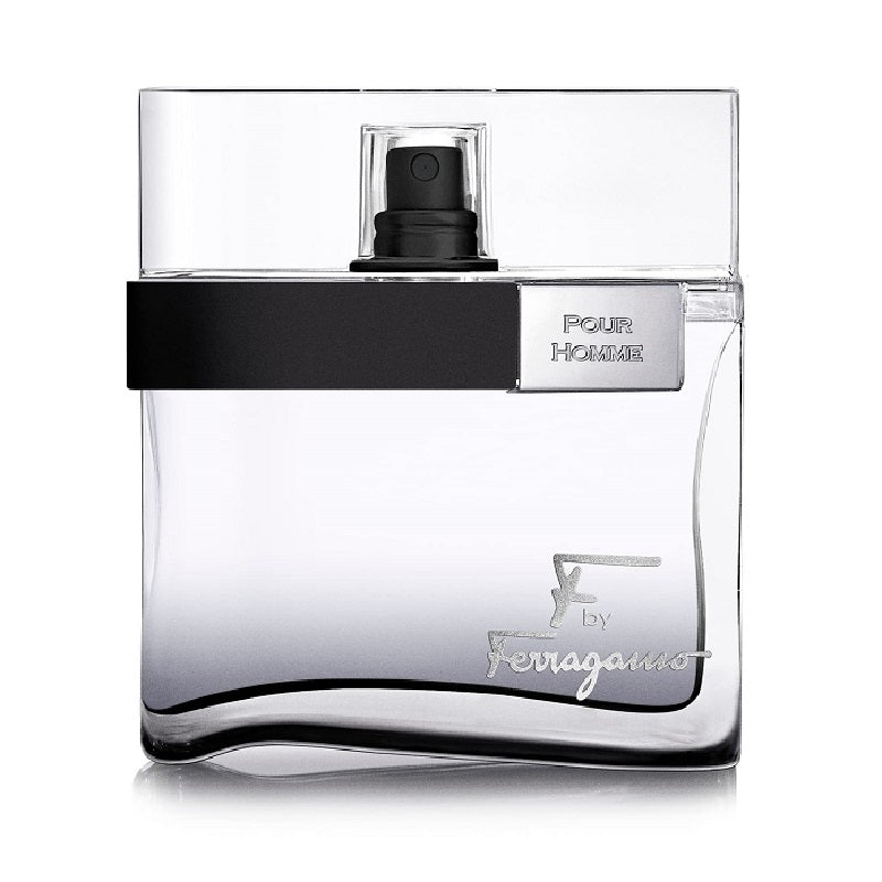 A bottle of F by Ferragamo Black eau de toilette with a clear, predominantly black design and a white spray nozzle.