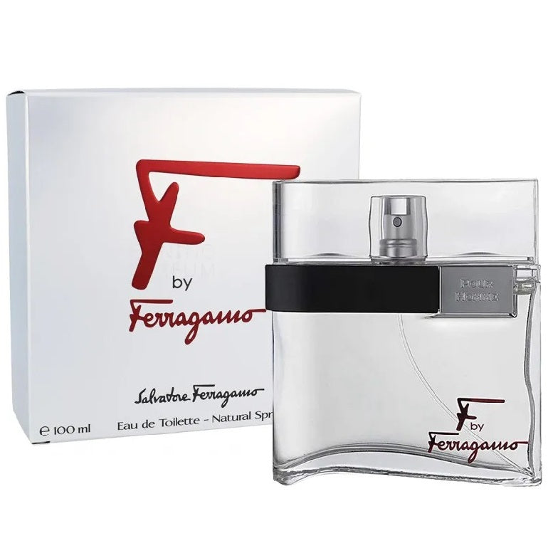 A 100ml bottle of F by Ferragamo Pour Homme Eau de Toilette by Ferragamo, displayed alongside its packaging box.