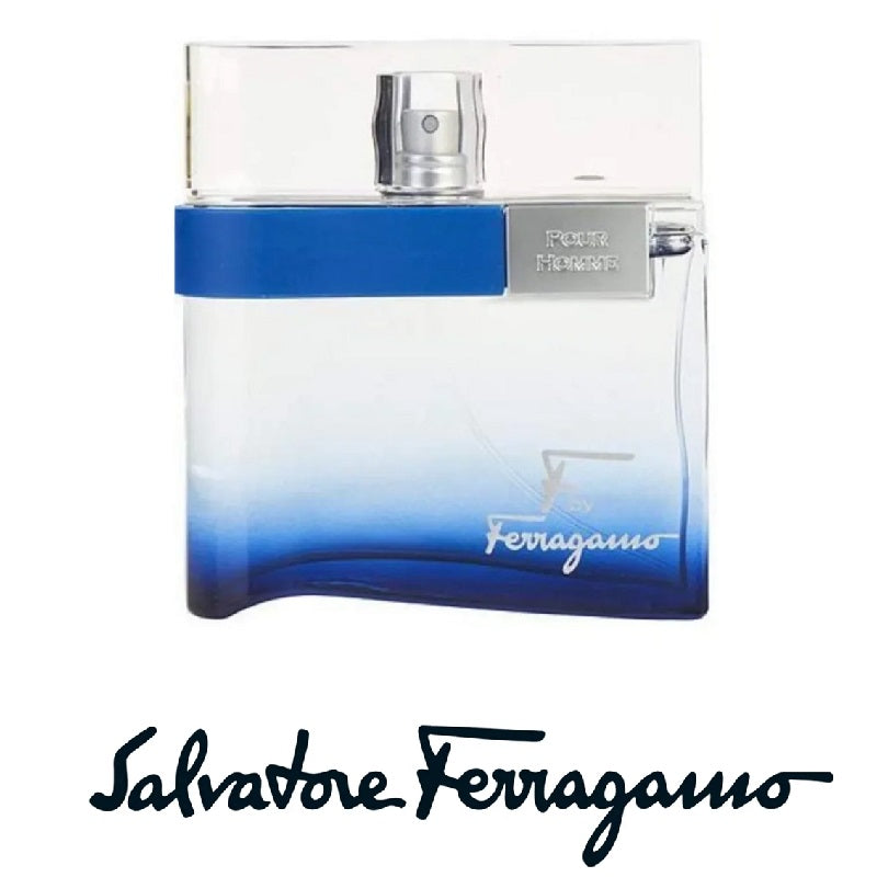 A bottle of F by Ferragamo Free Time eau de toilette with the brand name and logo visible on the label.