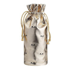 Silver drawstring pouch with 'M' logo on a white background