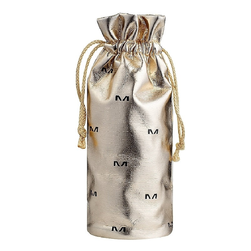 Silver drawstring pouch with 'M' logo on a white background