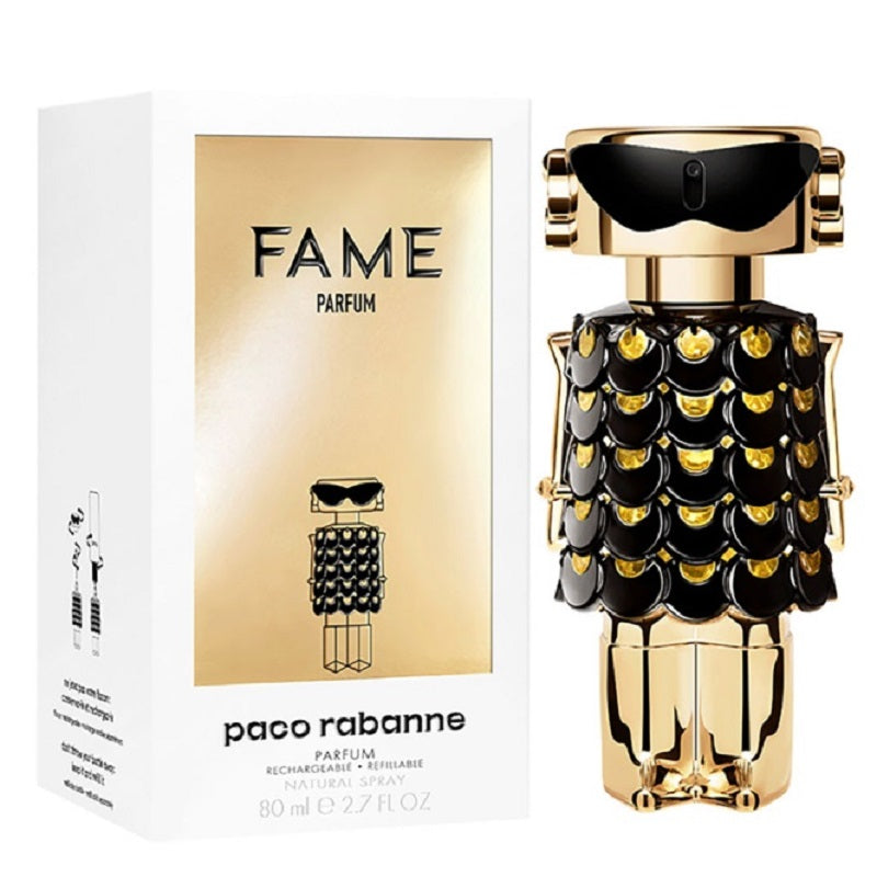 Paco Rabanne Fame perfume bottle and packaging on a white background