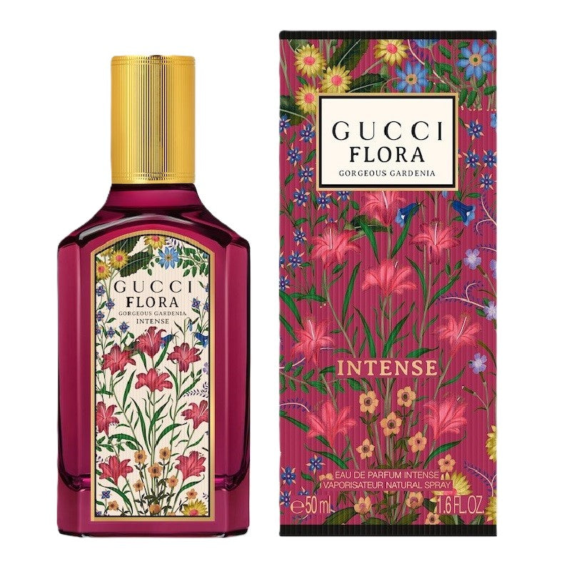 Gucci Flora perfume bottle and packaging with floral design on a white background